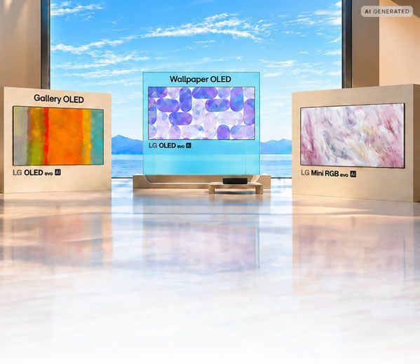 LG OLED evo Gallery TV, Wallpaper OLED und Mini RGB evo Fernseher in einer modernen Kunstgalerie – LG Cashback-Aktion 2026