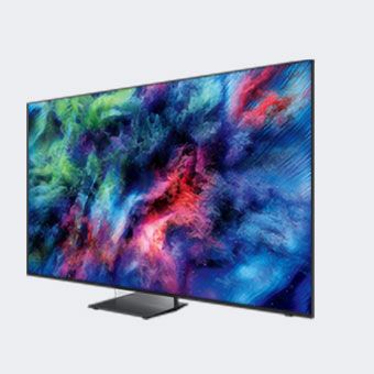 Flacher Fernseher auf Standfuß mit farbenfrohem Bild