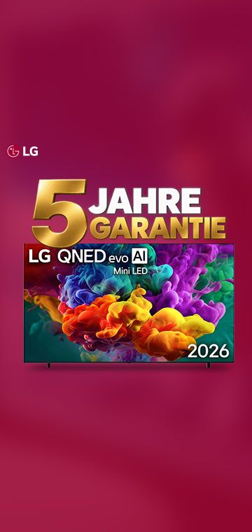 LG QNED87B Fernseher von vorne mit 5 Jahre Garantie Logo auf einem roten Hintergrund.