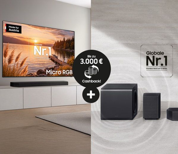 Samsung Double Cashback Aktion mit einem Micro RGB Fernseher und einem Soundbar-Set als Teaser sowie einem Kreis, der die mögliche Höchstsumme von 3.000 € nennt.