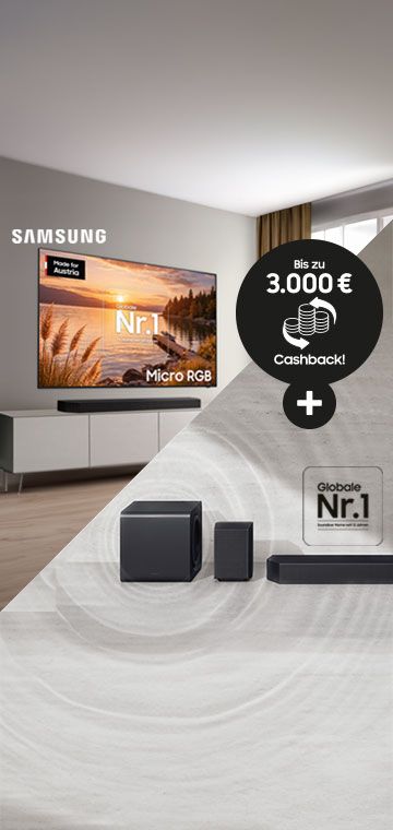 Samsung Double Cashback Aktion mit bis zu 3.000 €. Im oberen Bildbereich hängt ein MicroRGB TV an der Wand und im unteren Bereich ist ein Soundbar-Set exemplarisch abgebildet.